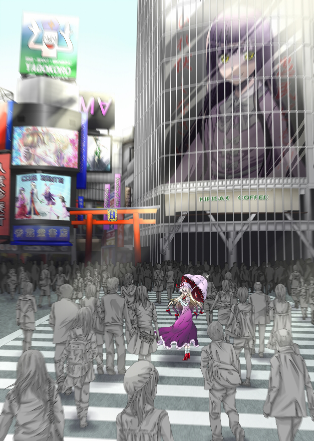 alternate_costume, billboard, blur, blurry, city, cityscape, contemporary, crowd