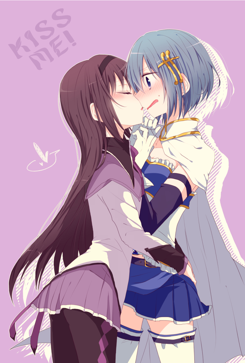 2girls, akemi_homura, black_hair, blue_hair, blush, closed_eyes, hair_ornament, heart
