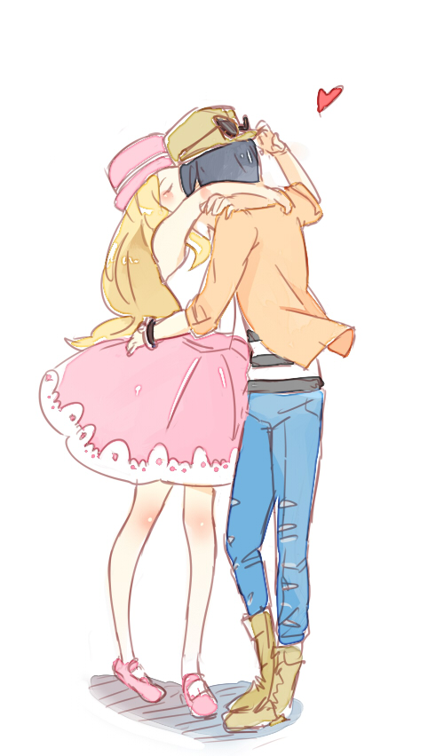 1boy, 1girl, alternate_costume, arms_around_neck, bare_legs, black_hair, blonde_hair, blush
