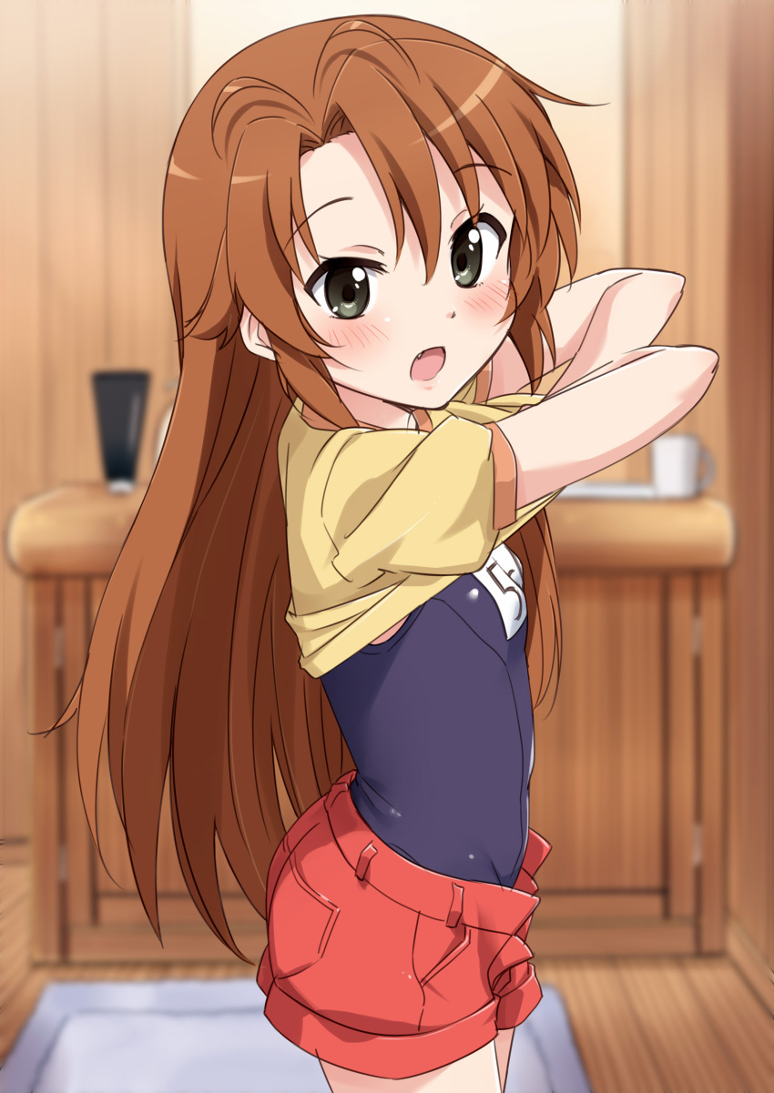 1girl, black_eyes, blush, brown_hair, fang, highres, koshigaya_komari, long_hair
