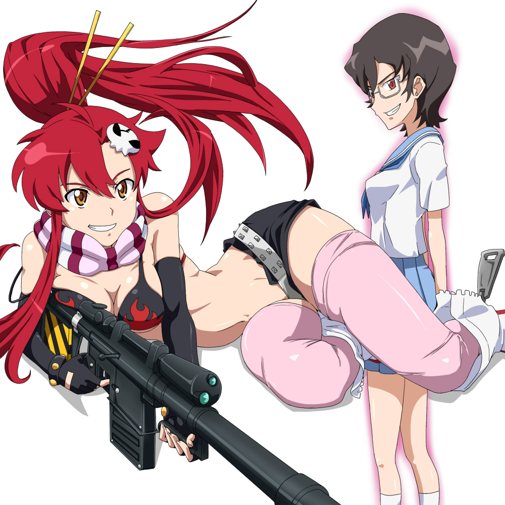 2girls, bikini_top, boots, brown_eyes, brown_hair, creator_connection, crossover, elbow_gloves
