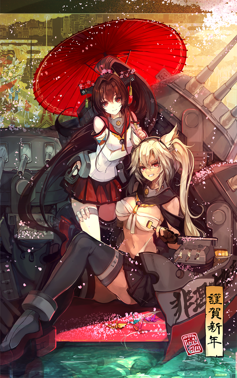 2girls, black_legwear, blonde_hair, breasts, brown_hair, cherry_blossoms, dark_skin, detached_sleeves