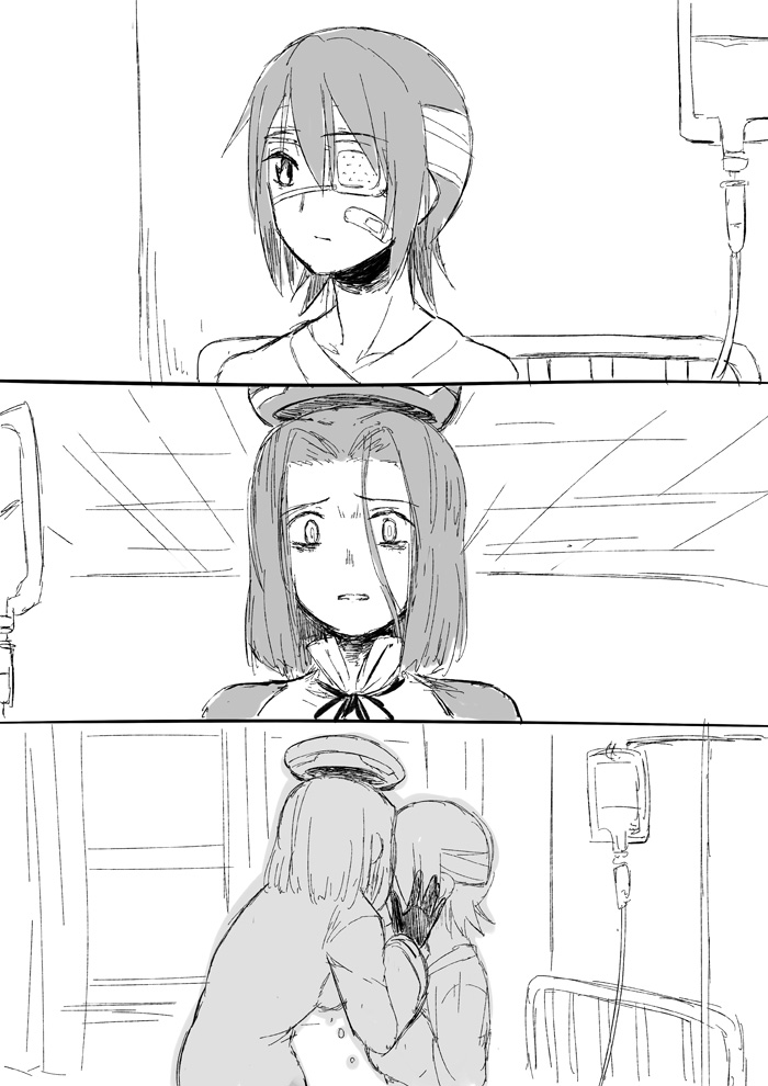 2girls, bandages, bandaid, comic, eyepatch, headgear, kantai_collection, mechanical_halo