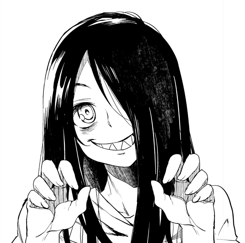 1girl, akihazama, bags_under_eyes, black_hair, grin, hair_over_one_eye, long_hair, monochrome