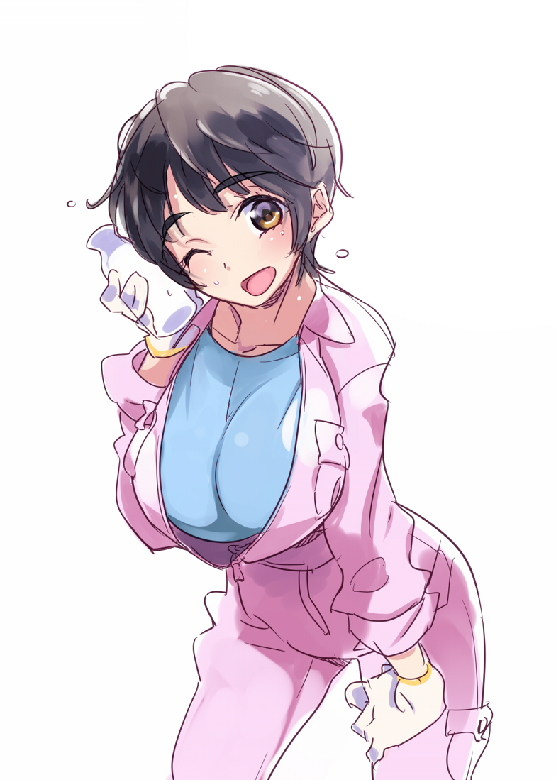 1girl, bottle, breasts, brown_eyes, brown_hair, gloves, idolmaster, idolmaster_cinderella_girls