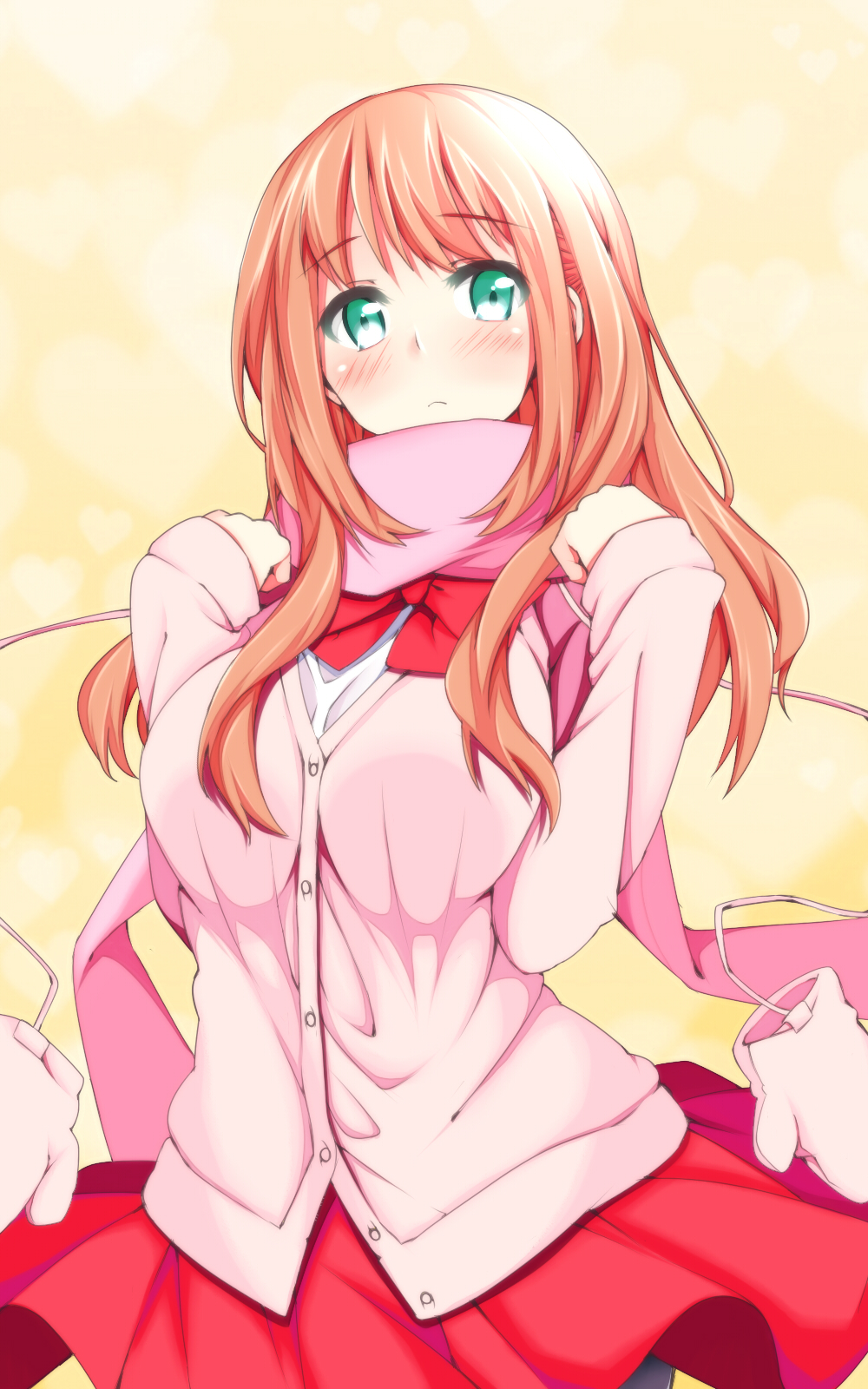 1girl, black_legwear, blush, bowtie, brown_hair, cardigan, dress_shirt, green_eyes