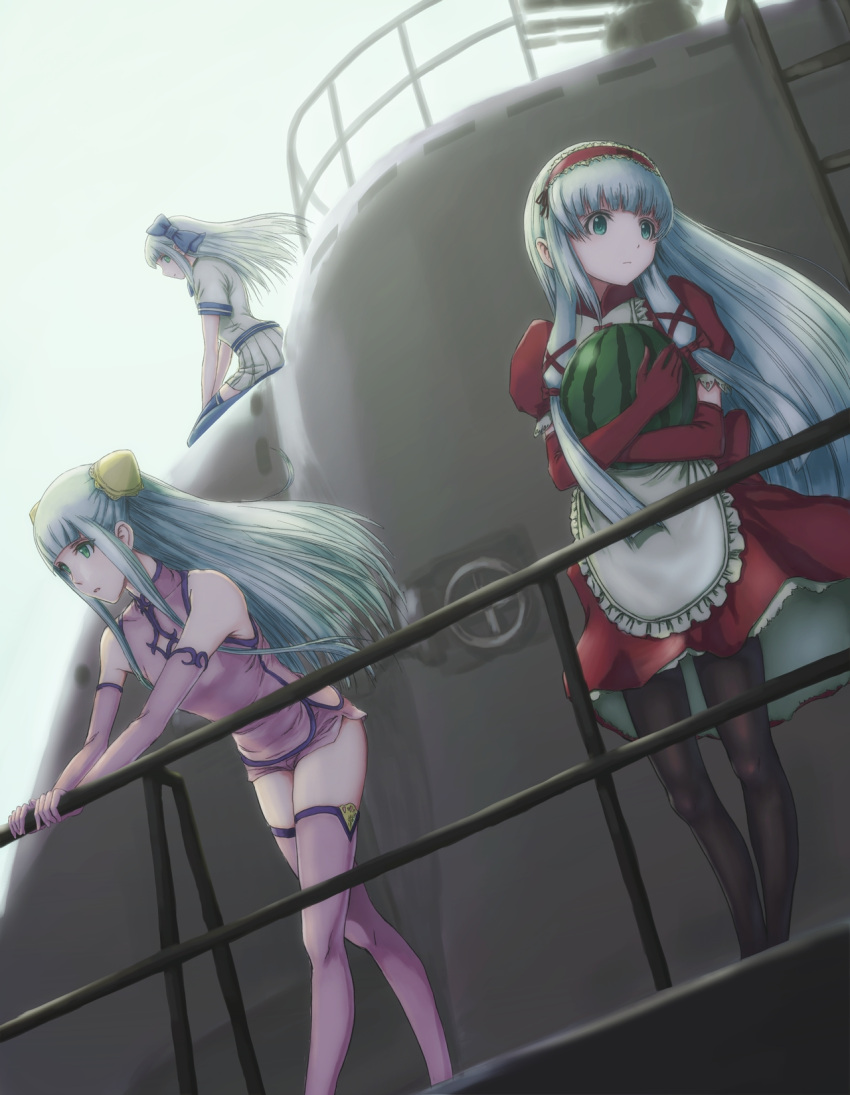 3girls, aoki_hagane_no_arpeggio, blue_legwear, bun_cover, china_dress, chinese_clothes, double_bun, elbow_gloves