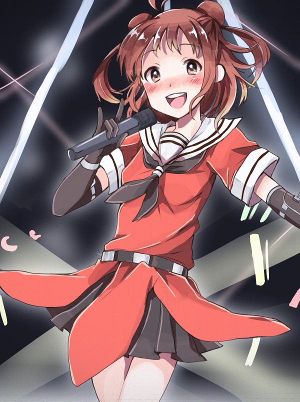 1girl, black_gloves, blush, brown_eyes, brown_hair, double_bun, elbow_gloves, fuukou_furiko