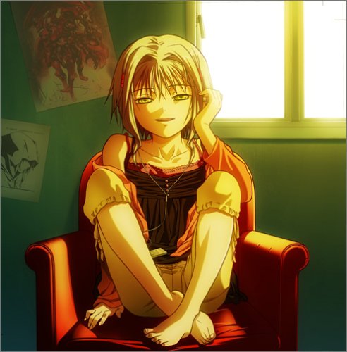 ai_(lost_child), amber_eyes, lost_child_(game), lowres, short_hair, silver_hair, sitting, smile