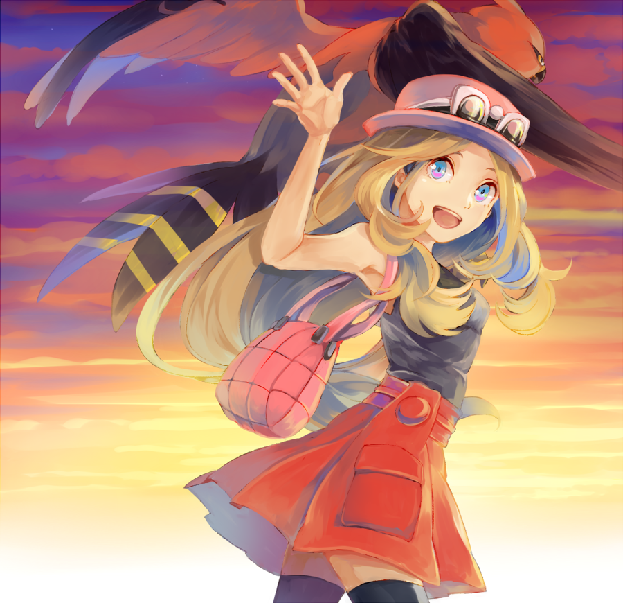 1girl, :d, arm_up, bag, black_legwear, blonde_hair, blue_eyes, handbag