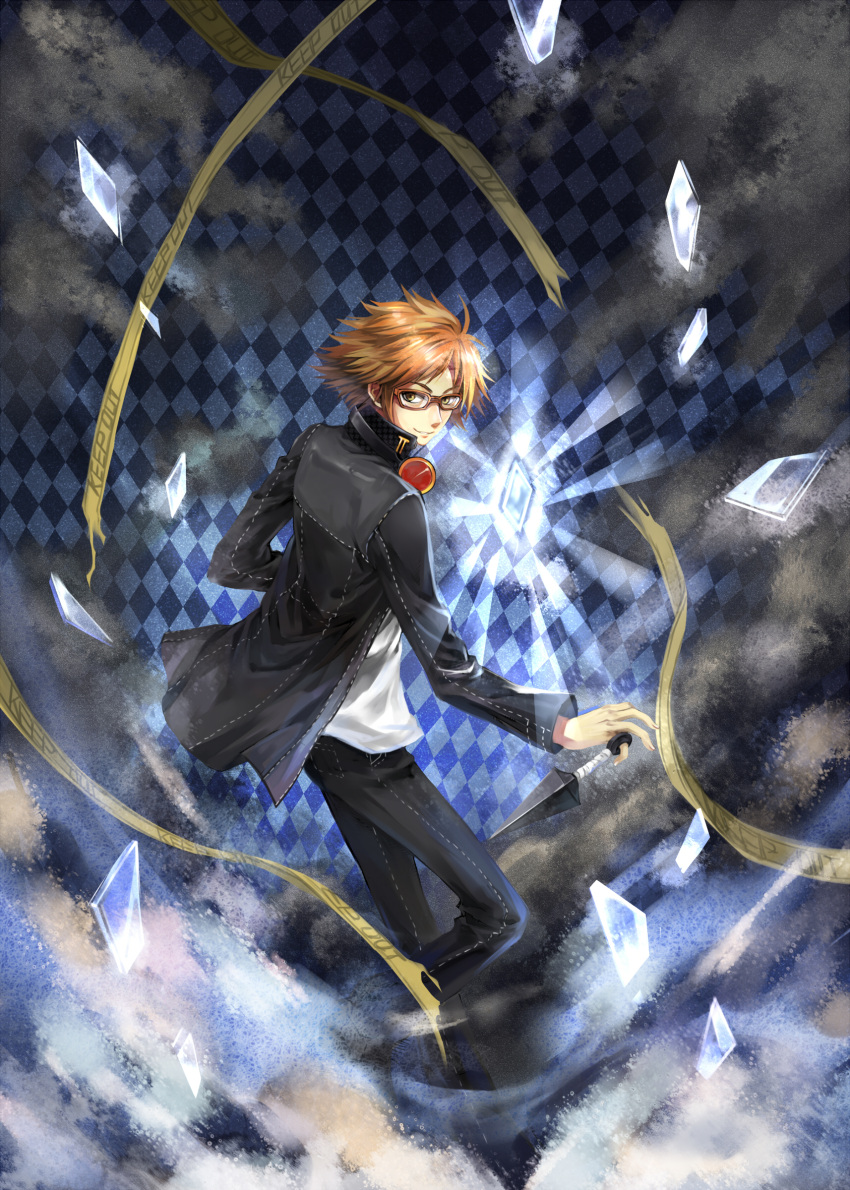 1boy, absurdres, brown_eyes, brown_hair, caution_tape, emonana, glasses, hanamura_yousuke
