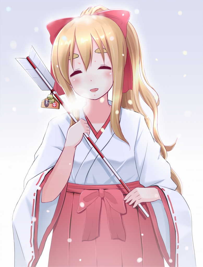 arrow, blonde_hair, closed_eyes, japanese_clothes, k-on!, kotobuki_tsumugi, long_hair, miko