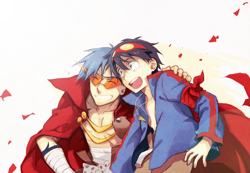 2boys, blue_hair, boota, cape, goggles, goggles_on_head, grin, hand_on_another's_shoulder