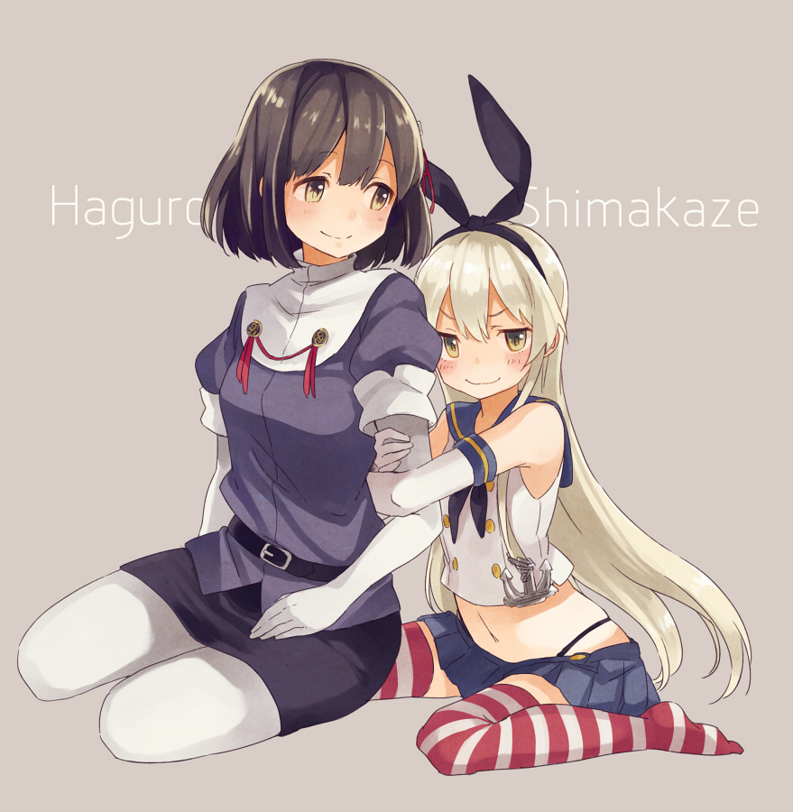 2girls, anchor, black_hair, black_panties, blonde_hair, blush, booota, breasts
