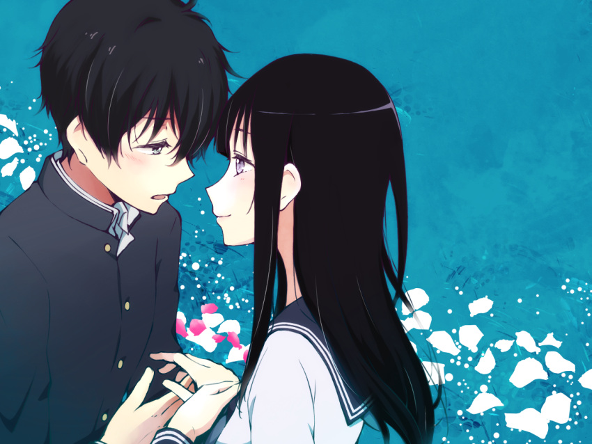 1boy, 1girl, black_hair, chitanda_eru, couple, eye_contact, green_eyes, hyouka