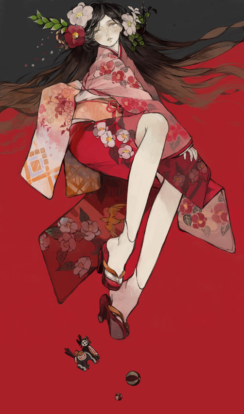 1girl, 2014, brown_hair, flower_ornament, hair_ornament, happy_new_year, high_heels, horse