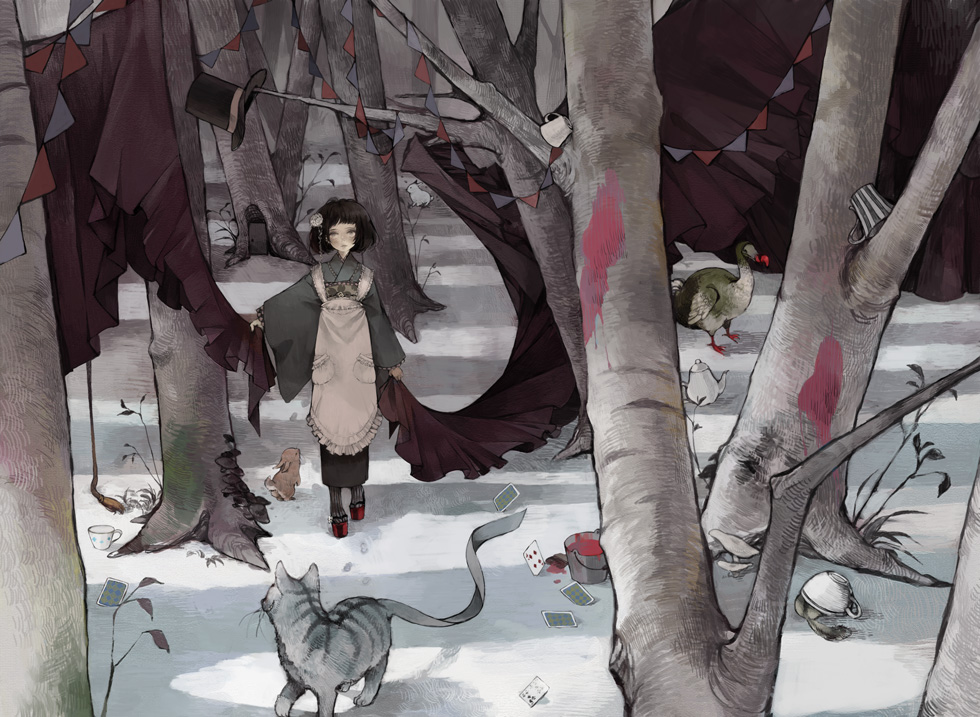 1girl, apron, bucket, card, cat, cup, curtains, dodo_bird, forest, hat, nature, nekosuke_(oxo), original, outdoors, paintbrush, playing_card, rabbit, snow, teacup, teapot, top_hat