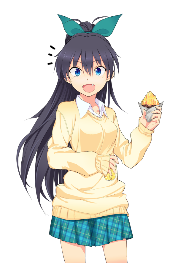 1girl, ahoge, antenna_hair, black_hair, blue_eyes, fang, food, ganaha_hibiki