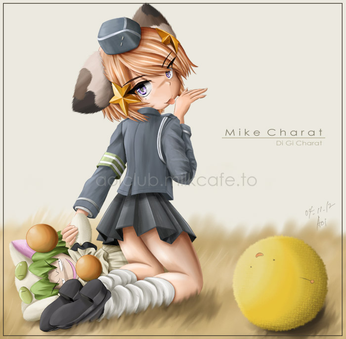 2004, 2girls, :3, animal_ears, armband, artist_name, brown_hair, cat_ears, character_name, copyright_name, dated, dejiko, from_behind, gekkou_aoi, gema, green_hair, hair_ornament, hat, kneeling, looking_at_another, looking_at_viewer, looking_back, mike_(di_gi_charat), miniskirt, multiple_girls, open_mouth, short_hair, skirt, smile, tagme, tongue, tongue_out, violet_eyes, watermark, web_address