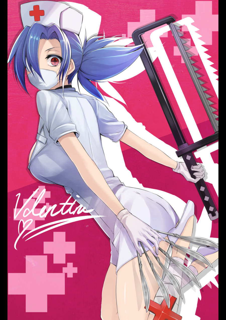 1girl, aki_ii, blue_hair, breasts, character_name, eyepatch, gloves, hacksaw