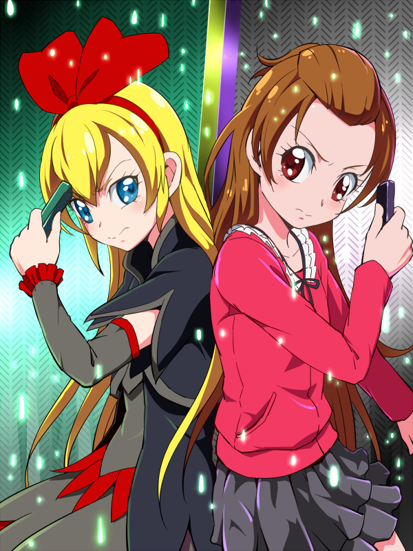 2girls, blonde_hair, blue_eyes, bow, brown_hair, dokidoki!_precure, female, gaia_memory, hair_bow, kamen_rider, kamen_rider_w, long_hair, madoka_aguri, multiple_girls, parody, precure, red_eyes, regina_(dokidoki!_precure), tj-type1