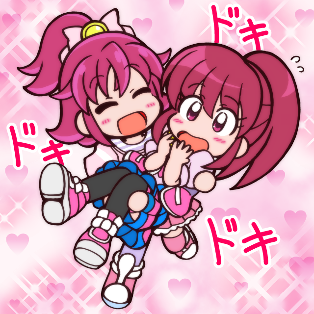2girls, :o, aida_mana, aino_megumi, black_legwear, blush, carrying, chibi