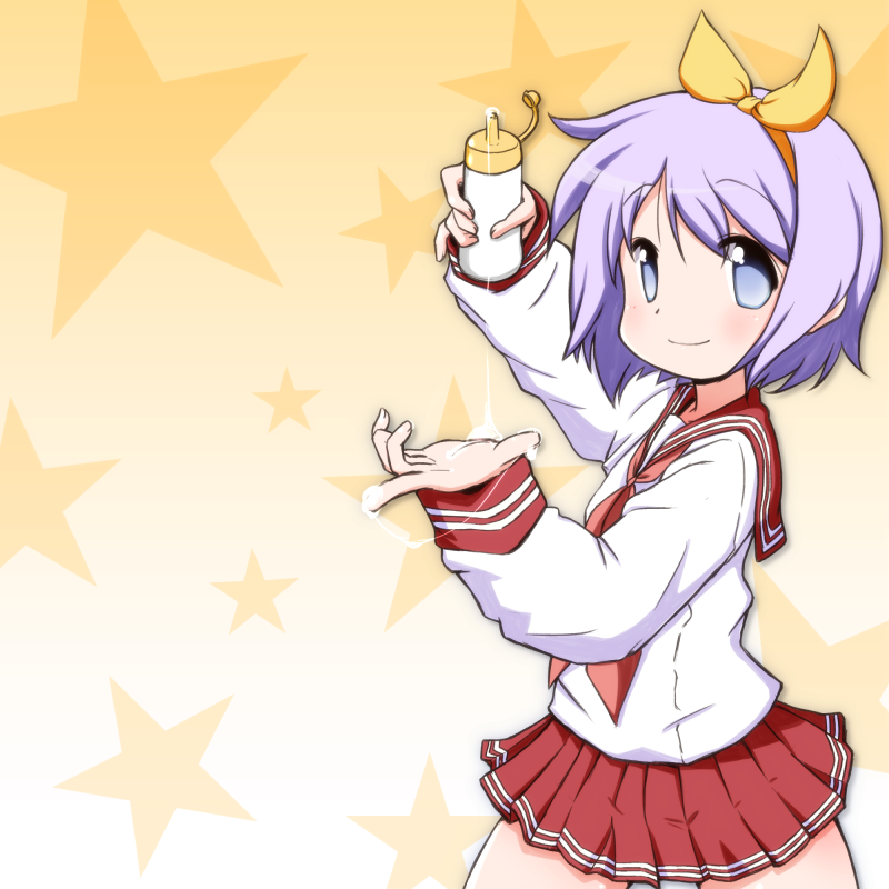 1girl, blue_eyes, hiiragi_tsukasa, lucky_star, mizushima_(p201112), pose, purple_hair, school_uniform
