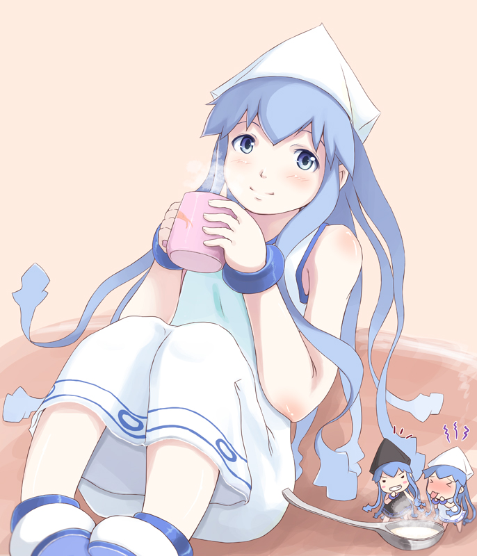 3girls, blue_eyes, blue_hair, cup, dress, hat, heiya, ikamusume