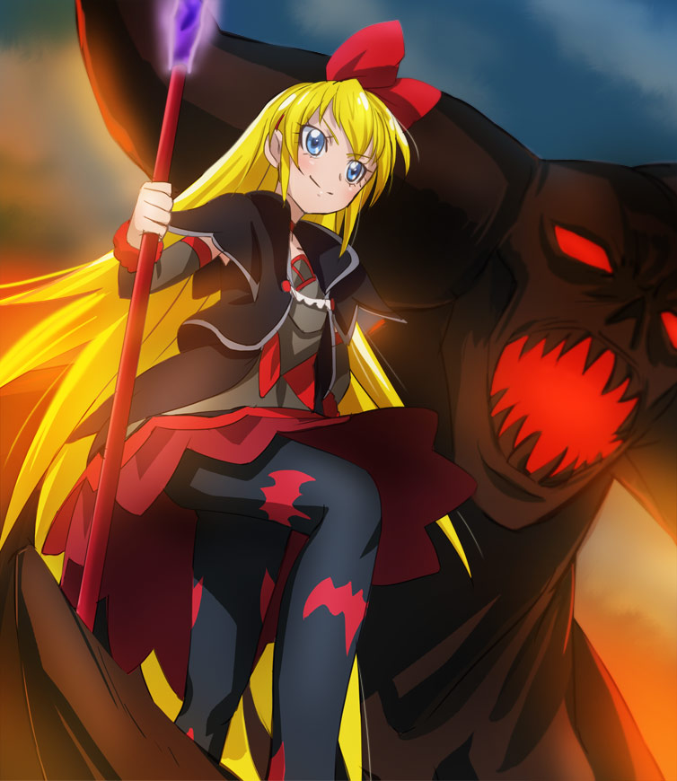 1girl, bat_print, blonde_hair, blue_eyes, bow, dokidoki!_precure, father_and_daughter, hair_bow, haruyama_kazunori, king_jikochuu, long_hair, pantyhose, precure, print_legwear, regina_(dokidoki!_precure), skirt, smile, staff, very_long_hair