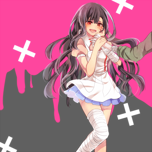 1girl, apron, bandages, blush, cross, dangan_ronpa, hand_on_another's_face, long_hair