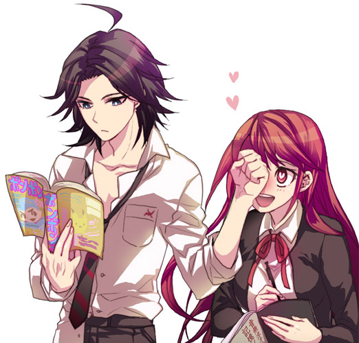 1boy, 1girl, ahoge, black_hair, book, dangan_ronpa, dangan_ronpa/zero, heart