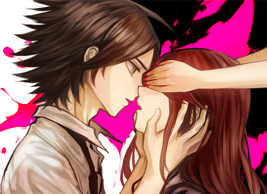 1boy, 1girl, ahoge, black_hair, blood, covering_eyes, dangan_ronpa, dangan_ronpa/zero