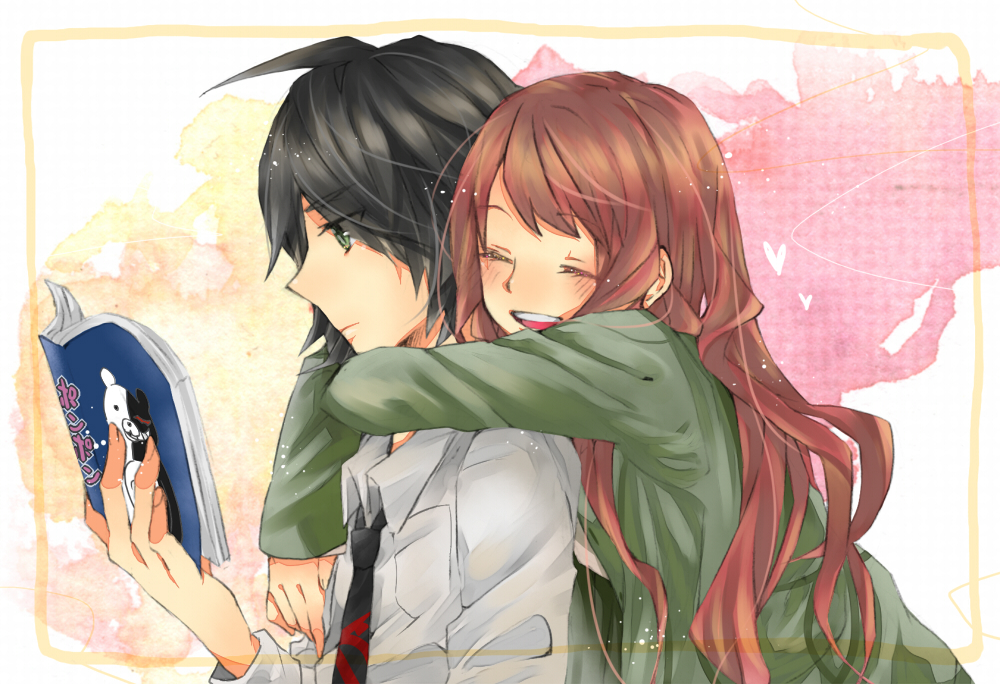 1boy, 1girl, ahoge, black_hair, book, dangan_ronpa, dangan_ronpa/zero, green_eyes