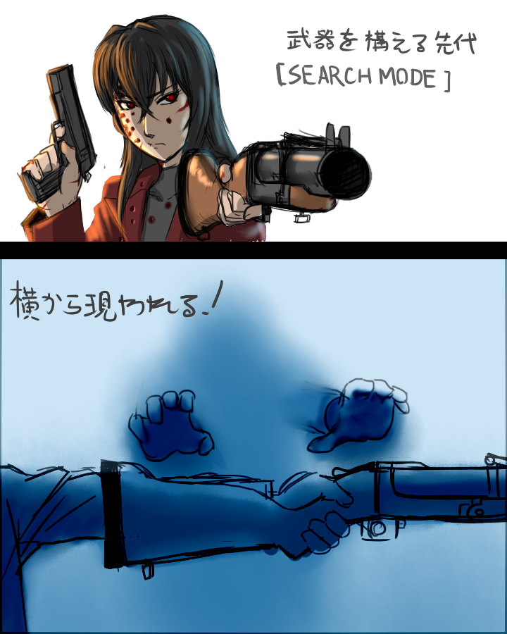 1girl, battle, black_hair, blood, dual_wielding, grenade_launcher, gun, jacket