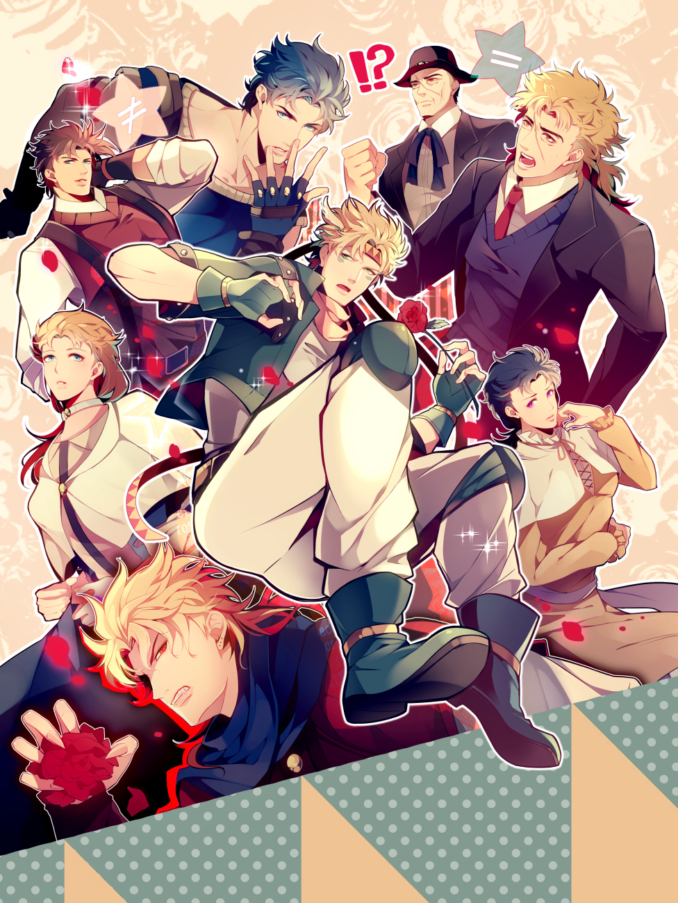 2girls, 6+boys, blonde_hair, blue_hair, brown_hair, caesar_anthonio_zeppeli, dio_brando, dual_persona, erina_pendleton, flower, grey_hair, highres, jojo_no_kimyou_na_bouken, jonathan_joestar, joseph_joestar_(young), multiple_boys, multiple_girls, old, older, peggy_(jojo), robert_eo_speedwagon, rose, takashi_(huzakenna), younger