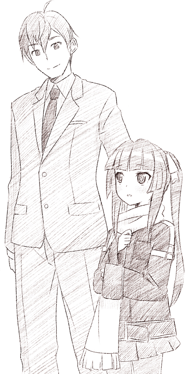 1boy, 1girl, formal, greyscale, height_difference, highres, monochrome, necktie