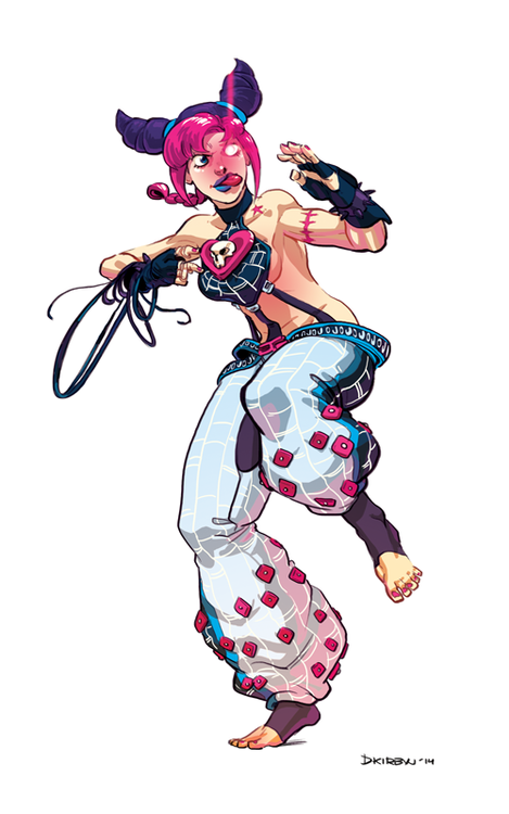 1girl, baggy_pants, blue_eyes, blue_lipstick, bracelet, dkirbyj, fingerless_gloves, fusion