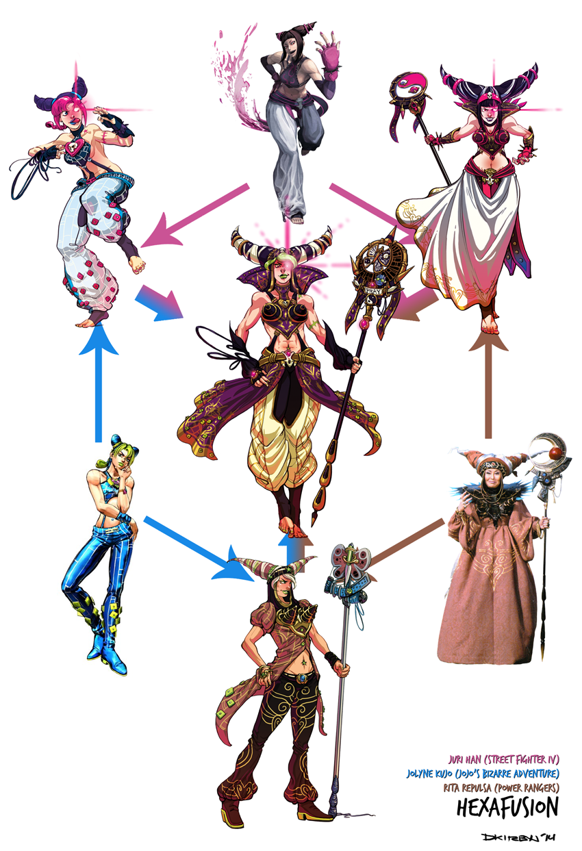 abs, crossover, dkirbyj, fusion, green_lipstick, han_juri, highres, jojo_no_kimyou_na_bouken, kuujou_jolyne, kyuushuu_sentai_danjiger, lipstick, makeup, multiple_crossover, street_fighter, template, witch_bandora