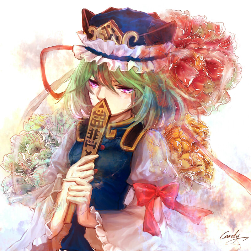 1girl, arm_ribbon, blue_dress, covering_mouth, dress, flower, green_hair, guan_tang_baozi