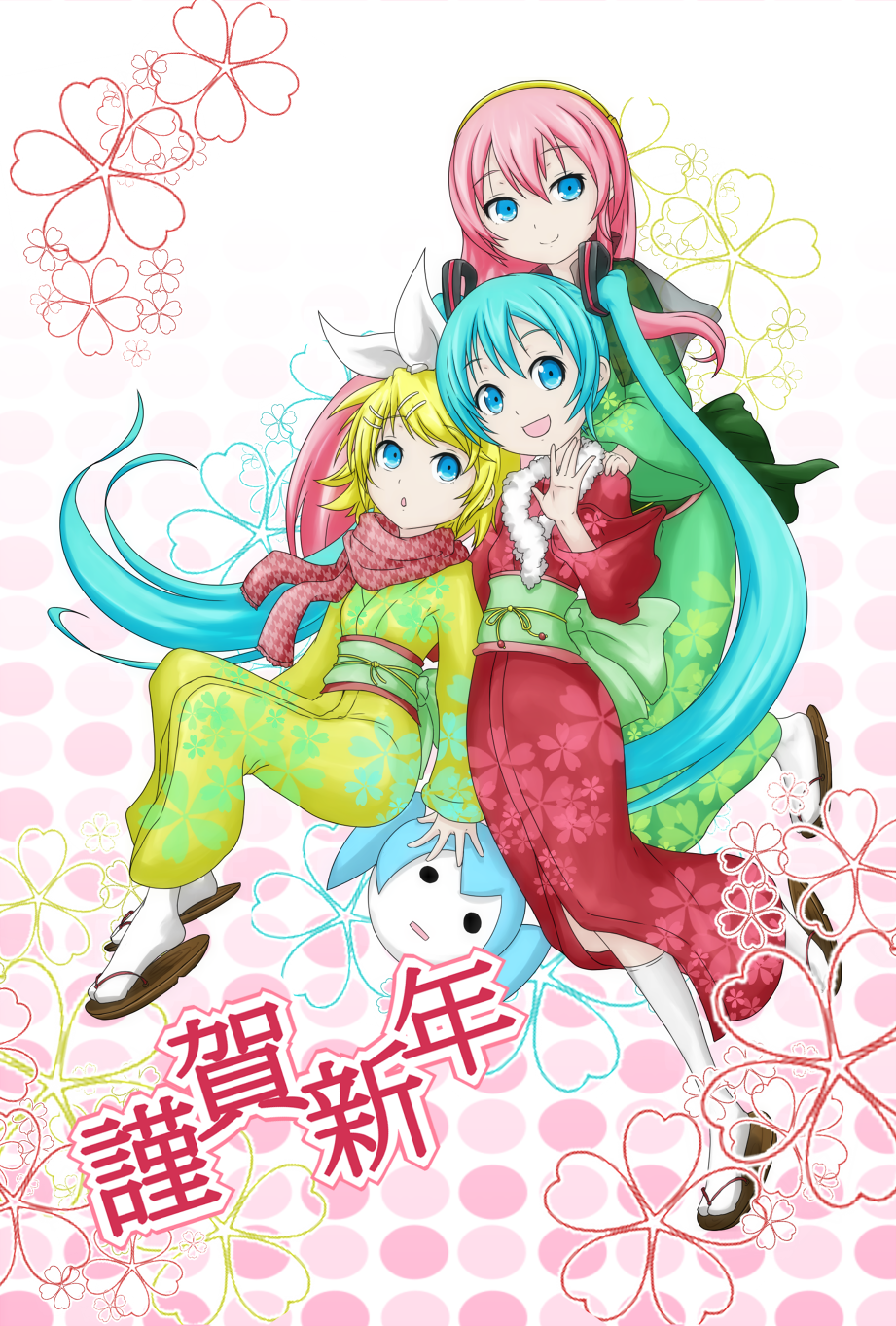 3girls, aqua_eyes, aqua_hair, blonde_hair, hair_ornament, hair_ribbon, hairclip, hatsune_miku
