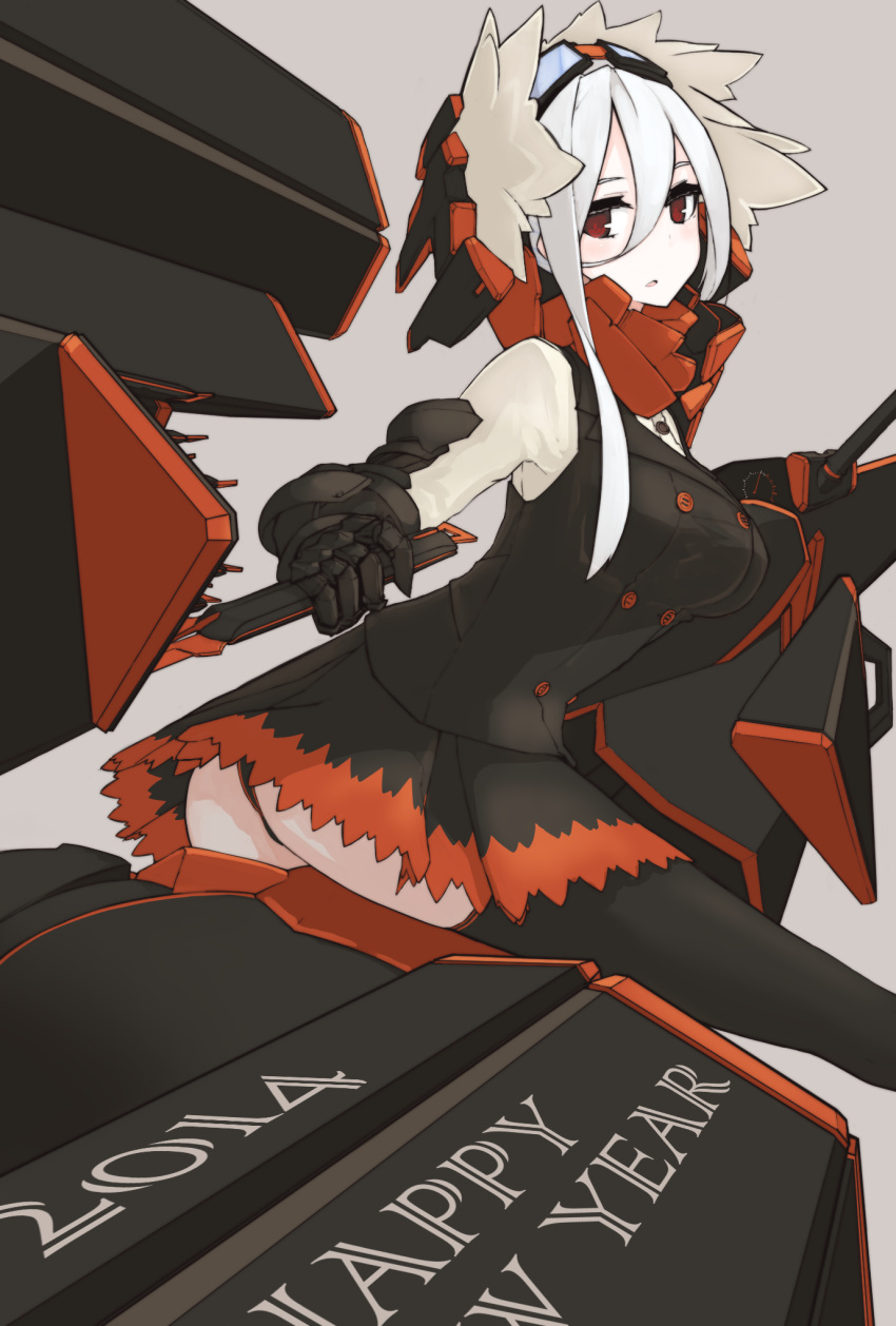 1girl, 2014, aneacard_cinnabari_(oi+), black_legwear, breasts, happy_new_year, highres, looking_at_viewer
