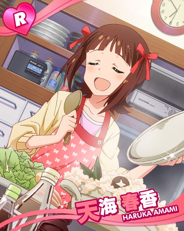 amami_haruka, apron, blush, brown_hair, closed_eyes, cooking, food, idolmaster