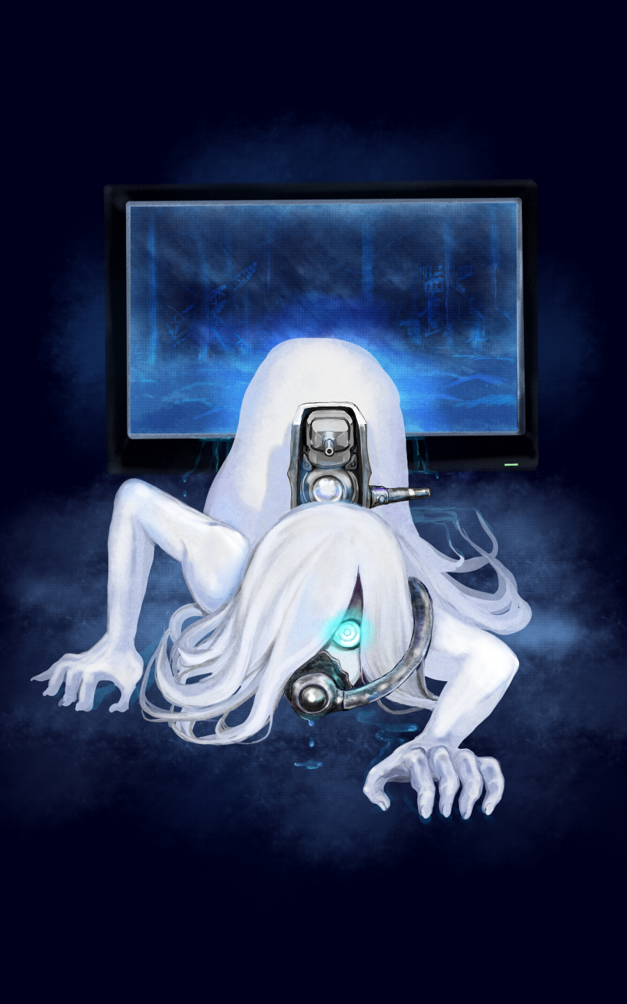 1girl, blue_eyes, crawling, dark_room, glowing, glowing_eyes, hair_over_one_eye, highres