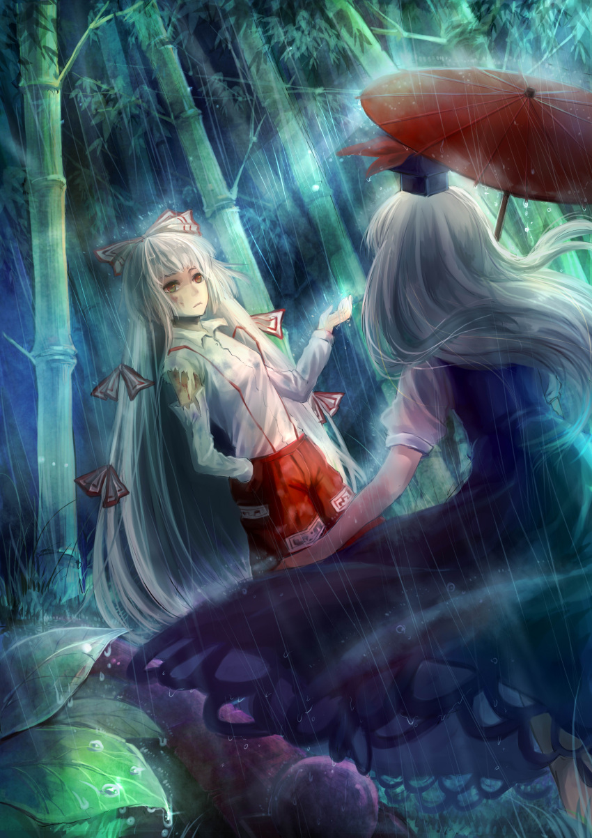 2girls, absurdres, bamboo, bamboo_forest, blue_hair, bow, dress, forest