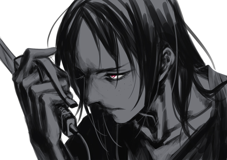 black_hair, blade, danbo_(symbols), freckles, portrait, red_eyes, shingeki_no_kyojin, ymir_(shingeki_no_kyojin)