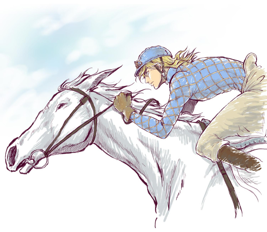1boy, blonde_hair, diego_brando, gloves, hat, highres, horse, jojo_no_kimyou_na_bouken, solo, steel_ball_run, takatsuki_natsume