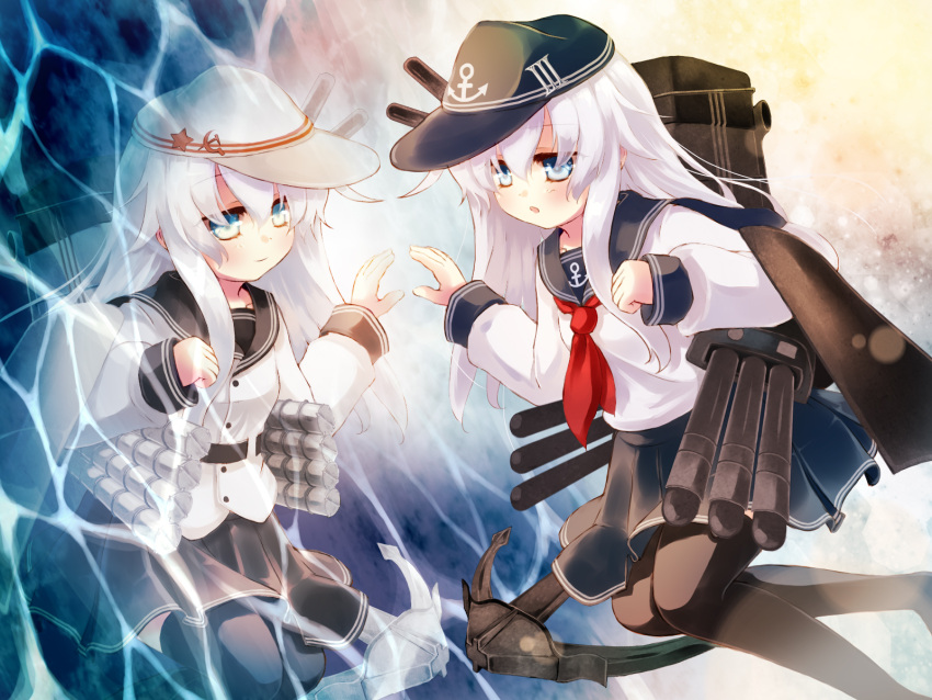 2girls, black_legwear, blue_eyes, cannon, dual_persona, gengetsu_chihiro, hammer_and_sickle, hat