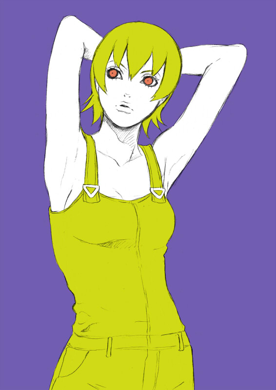 1girl, chounorin, foo_fighters, green_hair, jojo_no_kimyou_na_bouken, overalls, red_eyes, short_hair