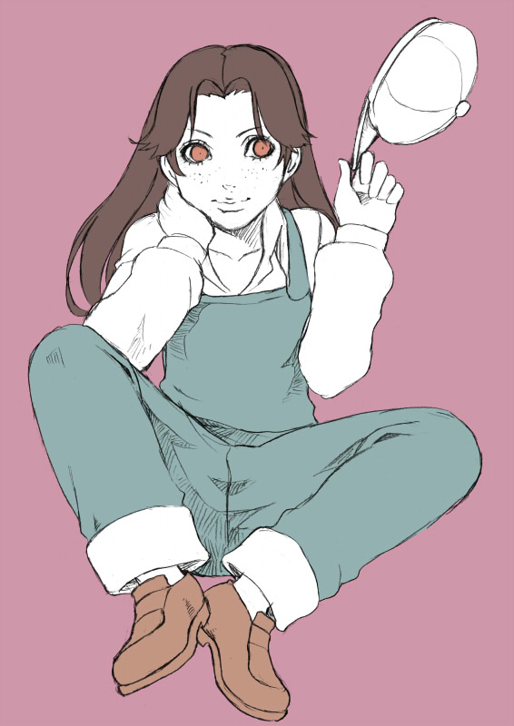 1girl, black_hair, chounorin, freckles, hat, holding, holding_hat, jojo_no_kimyou_na_bouken, long_hair, overalls, red_eyes, runaway_girl_(jojo), solo, suspenders