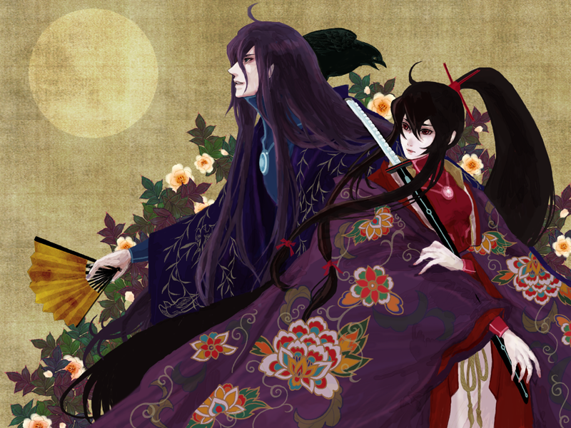 1girl, ahoge, bad_id, couple, fan, flower, folding_fan, gakuko